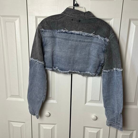 Pretty Little Thing Double Layered Denim Cropped Jacket Washed Grey Light Blue 6 - Picture 7 of 9